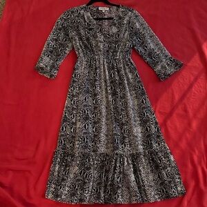 Hayden Neutral Printed Black and White Ruffle V-Neck 3/4 Sleeve Midi Dress